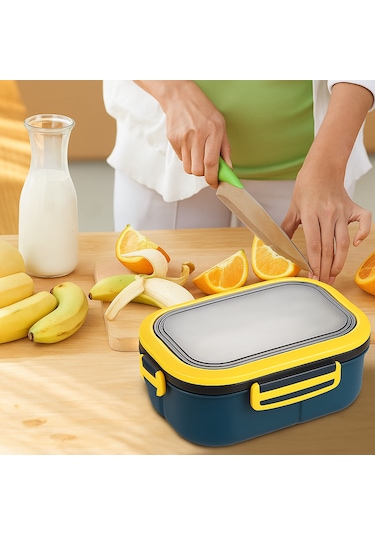 Taşınabilir Yemek Kabı Lunch Box 2 Katlı Diyet Beslenme Kutusu Saklama Kabı Çatal Kaşıklı Sefer Tası Mavi - Lacivert