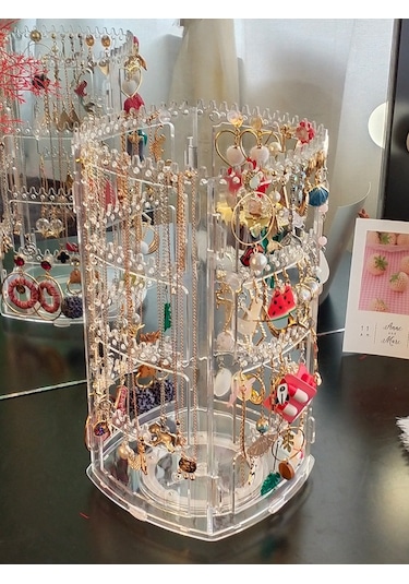 Döner Takı Ekran Standı Kulak Klipsi Küpe Küpe Saklama Standı Taşınabilir Takı Saklama Kutusu Asılı Kolye Rafı Siyah