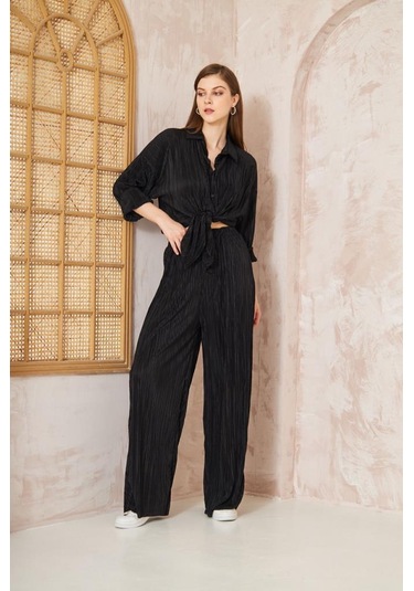 Kadın Pliseli Beli Lastikli Pantolon Tunik Gömlek Ikili Bürümcük Salaş Takım 3573300 Siyah