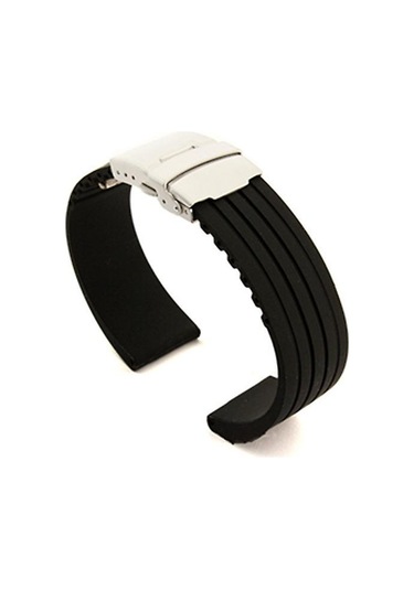 Paslanmaz Çelik Gümüş Katlanır Tokalı Unisex Kauçuk Kayış Siyah 22mm Çok Renkli