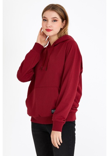 Comeor Kadın Bordo Basic Kapüşonlu Regular Fit Rahat Sweatshirt 001