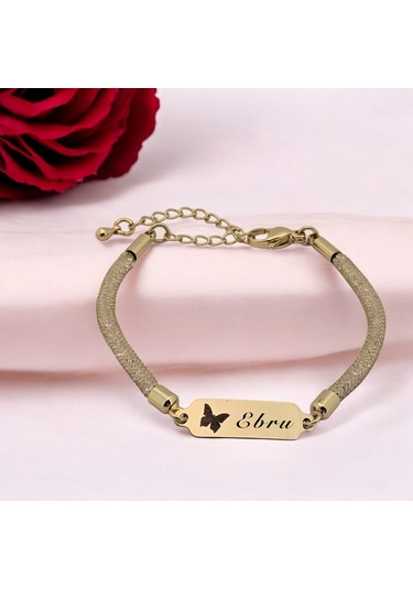 Archin Ebru İsmine Özel 14 Ayar Altın Plakalı Hasır Kordonlu Kelebek Motifli Hediye Bileklik-647isim Ebru