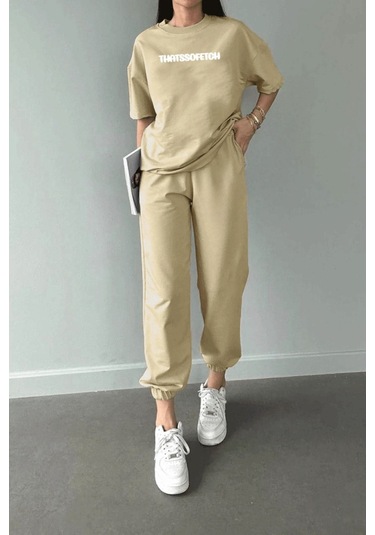 Thatssofetch T-shirt Eşofman Altı Jogger - Bej Baskı Alt Üst Eşofman Takımı Oversize Bisiklet Yaka Bej