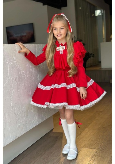 Riccotarz Kız Çocuk Göğsü Ve Yakası Fırfırlı Eteği Pliseli Dantel Şerit Detaylı Kırmızı Elbise Kırmızı