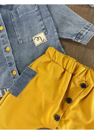 Çift Cep Kot Gömlek Düğme Detaylı Likralı Pantolon Mevsimlik Erkek Bebek Takım Sari