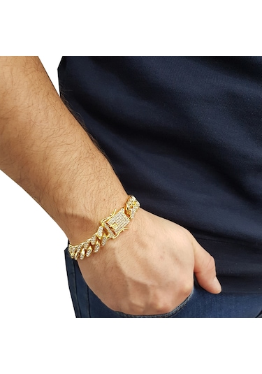 Ehediye Chavin 12 Mm. Kalın Gold Aloy Taşlı Erkek Bileklik Ed93Sr