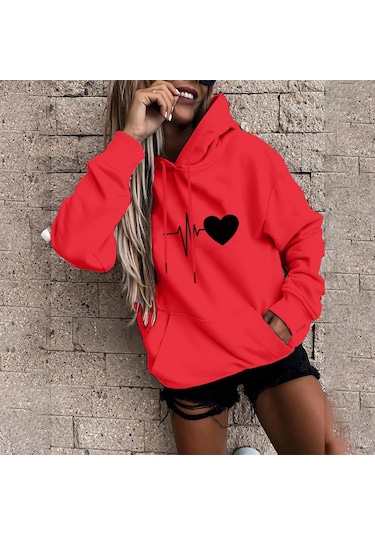 Kırmızı Fo Kadın Moda Rahat Eğlenceli Baskı Kapşonlu Kazak Gevşek Spor Üstleri Kazak Kırmızı