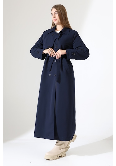 Amazon Keten Kumaş Uzun Boy Düğmeli Astarlı Yumuşak Dokulu Trenç Kot Lacivert Lacivert