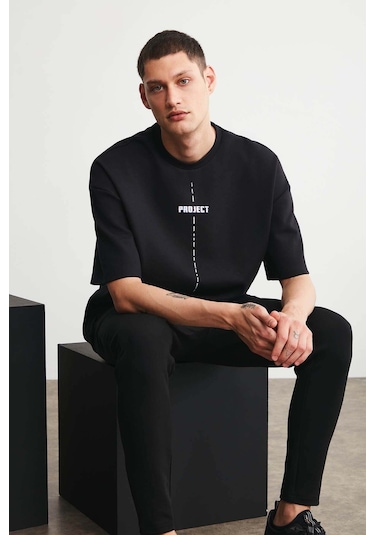 Grimelange Project Erkek Baskı Detaylı Oversize Fit %100 Organik Pamuk Örme Bisiklet Yaka Örme Siyah T-shirt