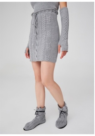 Peraluna Saç Örgü Desenli Kadın Triko Etek Gri Melanj