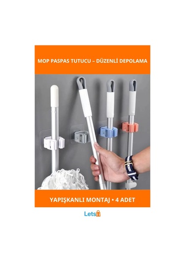 Duvara Monte Dayanıklı Plastik Mop Paspas Tutucu 4 Adet Çok Renkli