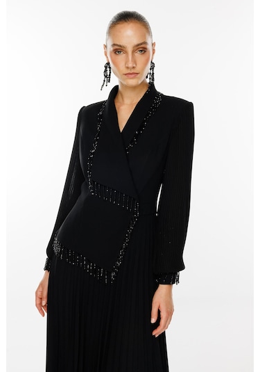 Moda İlgi Kadın Boncuk Detaylı Piliseli Uzun Elbise 6073 Siyah Siyah