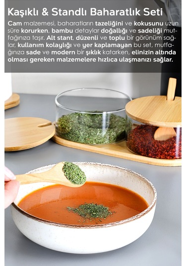 2'li Bambu Kapaklı Cam Baharatlık Seti - Bambu Kaşıklı Standlı Tuzluk Biberlik Baharat Takımı 280 Ml ŞEffaf