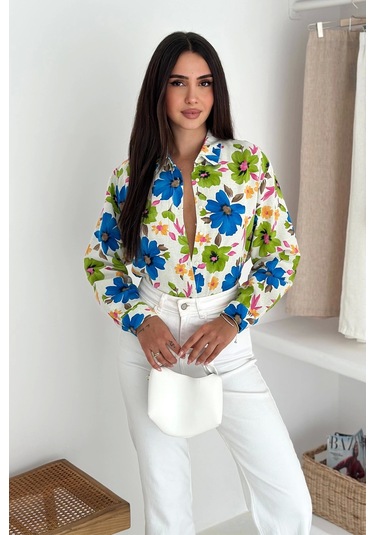 Çiçek Desenli Keten Gömlek DESENLI