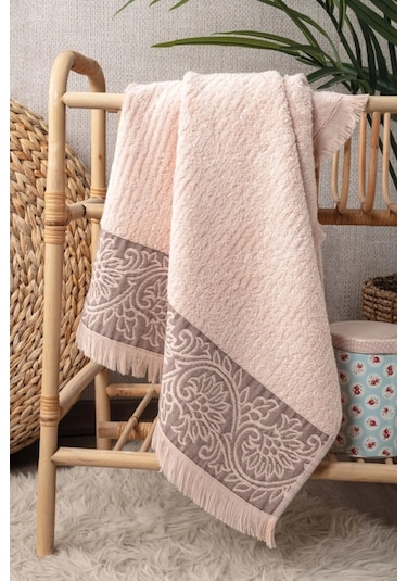Bambu Kabartma Bordürlü El Havlusu - Pudra Pudra