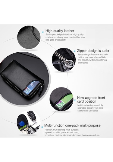 9106 Büyük Kapasiteli Fermuarlı Deri Anahtarlıklı Çanta Çok Fonksiyonlu Cüzdan Siyah
