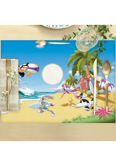 Looney Tunes Team Kumaş Amerikan Servis 4'lü Set 35x50cm Warner Bros Lisanslı Ürün, Keten Kumaş Çok Renkli