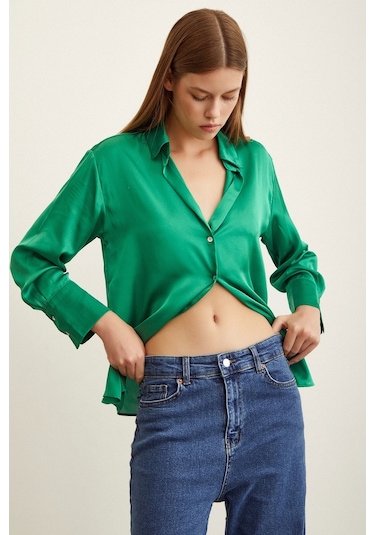 Never More Basic Saten Gömlek Yeşil