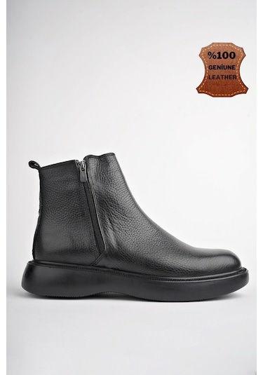 Muggo Brandon Hakiki Deri Çift Fermuarlı Garantili Erkek Kışlık Chelsea Bot Siyah