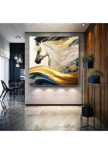 Beyaz At Gold Dalgalar Asil Hayvan Kare Hd Baskı Kanvas Tablo