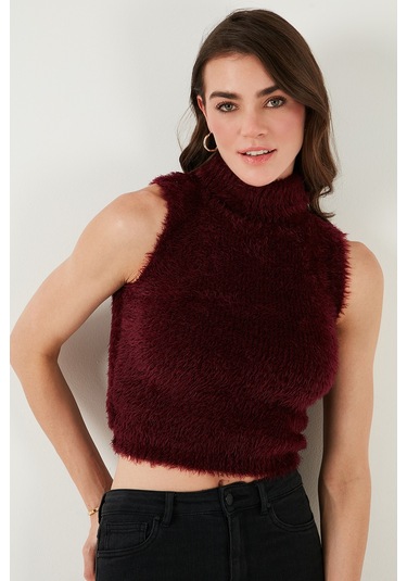 Lela Yumuşak Tüylü Slim Fit Balıkçı Yaka Crop Bayan Süveter 4615566 Bordo