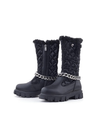 Rakerplus Siyah Uzun Fermuarlı Zincir Detaylı Kız Çocuk Yağmur Çizmesi Siyah