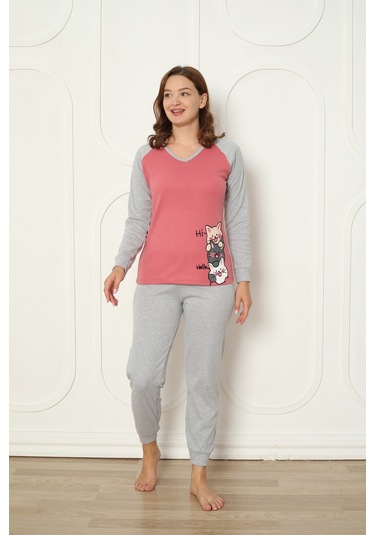 Fawn 04-3024 İnterlok Kumaş Minnoş Kedili Kışlık Ev Kadın Pijama Takımı Pembe