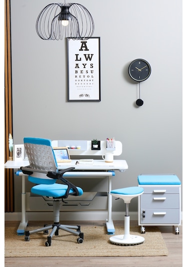 Vega Standart Yükseklik Ve Eğim Ayarlı, Çekmeceli Ergonomik Bilgisayar, Ofis Ve Çalışma Masası Mavi Gri