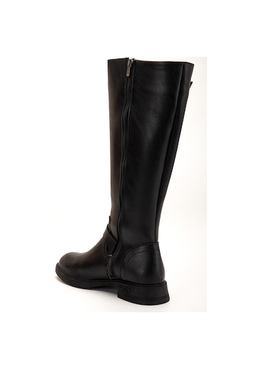 Siyah Kadın Çizme Düz Topuklu Bilek Kemerli-4284 Siyah