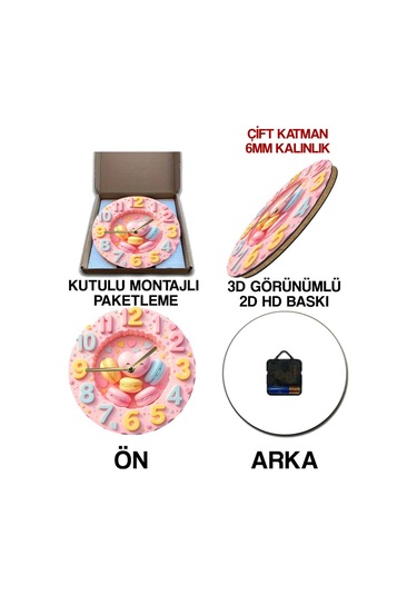 Pembe Kalpli Makaron Temalı Mdf Duvar Saati 3d Görünümlü, 2d Hd Baskı, Sessiz Mekanizmalı, Sdw233 Renkli