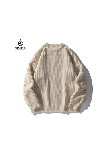 Erkek Sonbahar Ve Kış Düz Renk Bol Yuvarlak Yakalı Örgü Kazak Açık Kahverengi