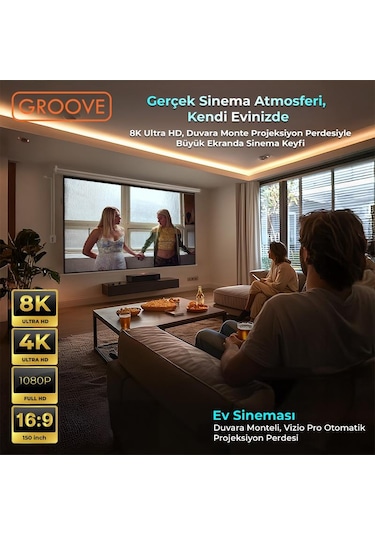 Groove Vizio Pro 150 Inch Blackout Işık Geçirmez Elektrikli Otomatik Kumandalı Projeksiyon Perdesi 332x188cm +motorlu+canlı Renkler+göz Koruması+leke Tutmaz Projector
