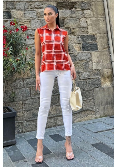 Kadın Kırmızı Ekose Desen, Dokulu Bodrum Kumaş, Kolsuz Rahat Gömlek Kırmızı
