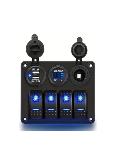 Motion003 Mavi Alüminyum Alaşımlı 4 Konumlu Şalter Paneli Ön Tesisatlı Çift Usb Girişli Gerilim Göstergeli 36v Kamyonet Karavan Tekne Yat