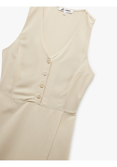 Koton V Yaka Kolsuz Düğmeli Keten Karışımlı Mini Tulum Bej 5sal40031ıw Ekru