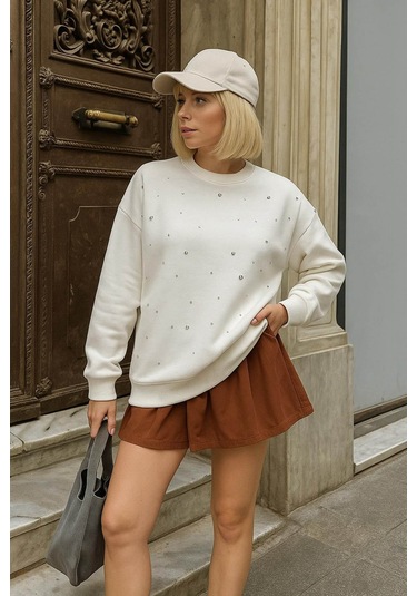 Fashion Friends Bisiklet Yaka Taşlı Ekru Kadın Sweatshirt 25k0099k1 Ekru
