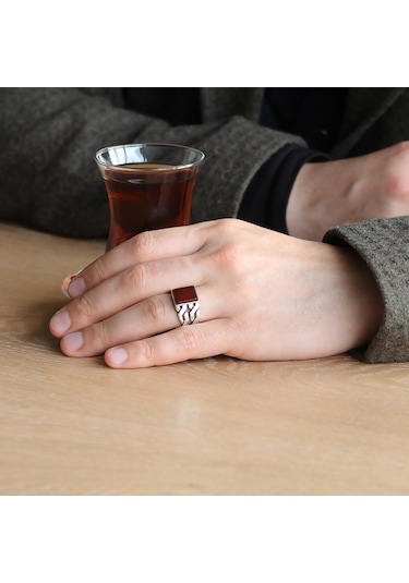 Zincir Tasarım Kırmızı Akik Taşlı 925 Ayar Gümüş Erkek Yüzük (429371152)