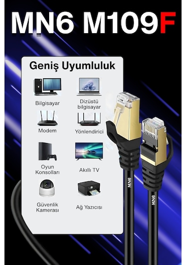 MN6 M109F Cat7 Kablo 15 Metre/Bakır-10gbps-50 Mikron Altın Kaplama/15M Cat7 Ethernet Kablosu