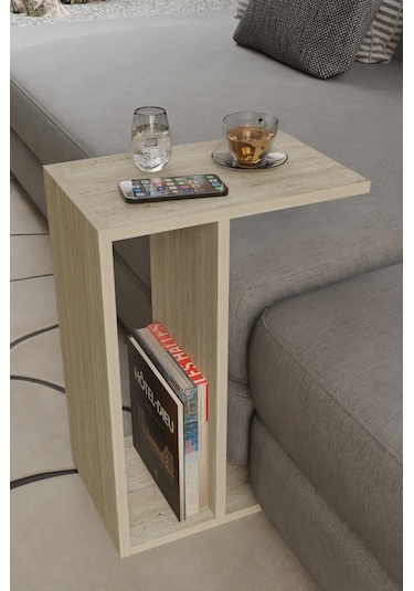 Alpa Ev Mobilya C Tasarım Koltuk Yanı Sehpa, Kitaplıklı Modern Laptop & Kahve Sehpası, Orta Sehpa Traverten