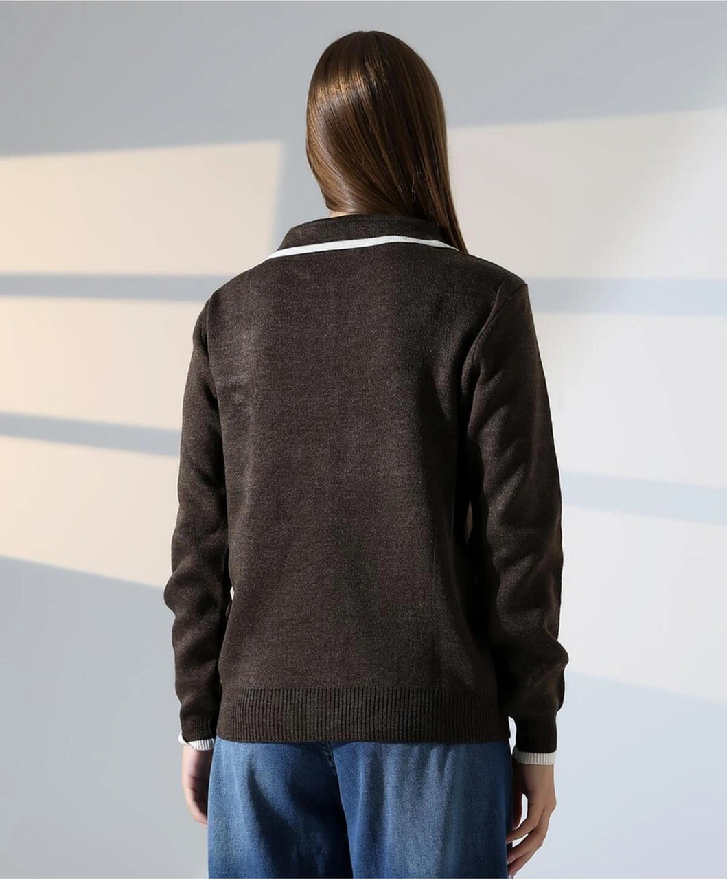 Baklava Desen Polo Yaka Kadın Kazak Kahverengi