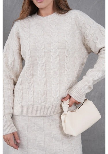 Kadın Bisiklet Yaka Saç Örgü Kazak Etek İkili Triko Takım Taş