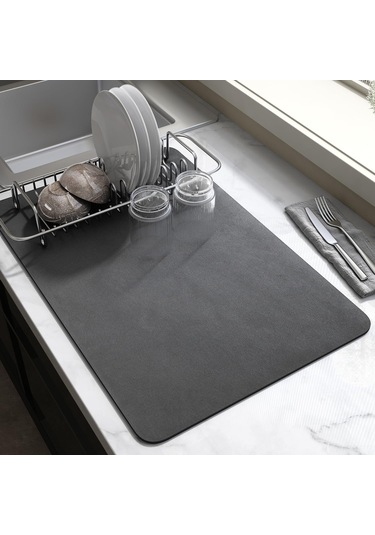 Fosenze Kahve Fincanı Tabak Altlığı - Süper Emici Pu Yüzeyli Mutfak Tezgahı Matı - Kaymazsız Lastik Tabanlı - Siyah Gri - 30,5x48,3 Cm