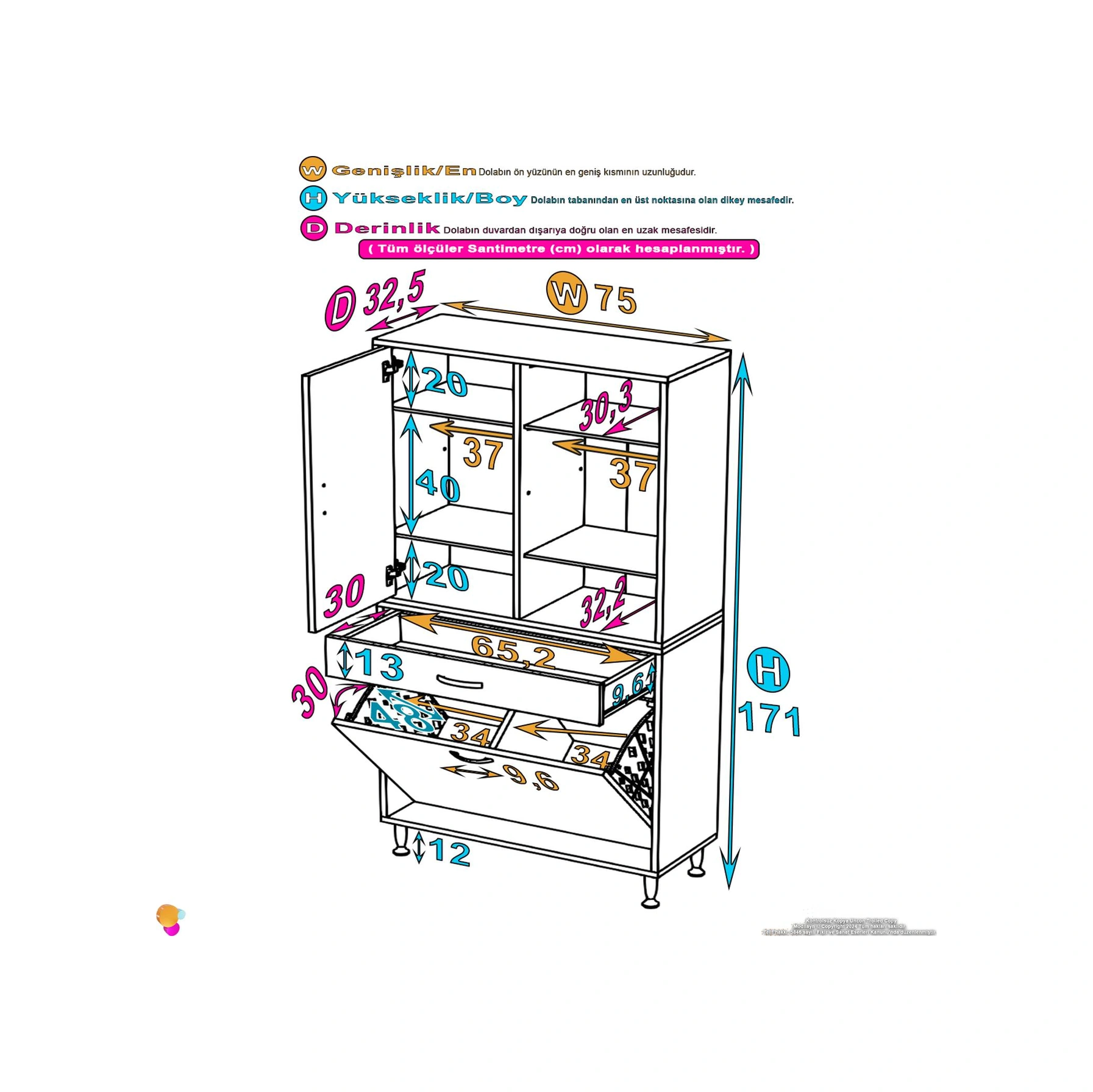 Yeni Kayra Tek Çekmece, 2 Göz Sepet, 2 Kapak, 6 Raf Dar Alan Banyo Dolabı 75x173x32,5 Cm Beyaz