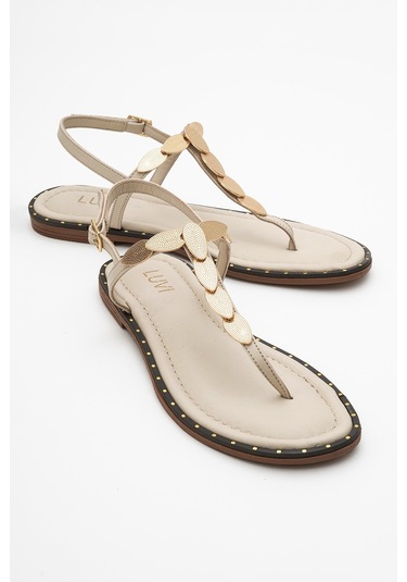 Marea Bej Hakiki Deri Parmak Arası Gold Tokalı Kadın Sandalet Bej