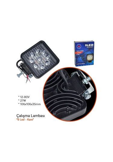 TAS 12-80V Çalışma Lambası Kare 9 Led 27W 106x106x35mm L1003