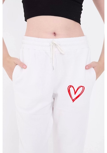 Oversize Boru Paça Baskılı Eşofman Pantolon - Beyaz Beyaz