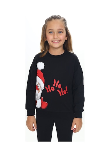 Toontoy Kız Çocuk Kardan Adam Ho Ho Ho Baskılı Sweatshirt Siyah