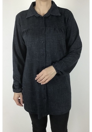 Mevsimlik Kolları Lastikli Boydan Düğmeli Gömlek Antrasit