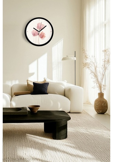 Gül Çiçek Tasarım Modern Duvar Saati - 30cm - Önü Camlı Siyah Kasa - Sessiz Mekanizma-jh0694 Siyah