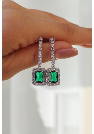 Niki Aksesuar Diamond Model Yeşil Taşlı Küpe Koyu Yeşil